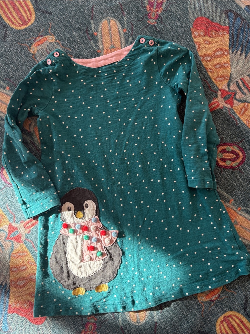 Mini Boden Teal Polka Dot Penguin Long-Sleeve Dress 5/6